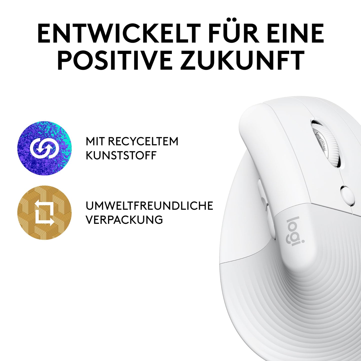 Logitech Lift Vertical Ergonomic Mouse, Wireless, Bluetooth or Logi Bolt USB Receiver, Quiet Clicks, 4 Buttons, Compatible with Windows/macOS/iPadOS, Laptop, PC - White - 910-006475