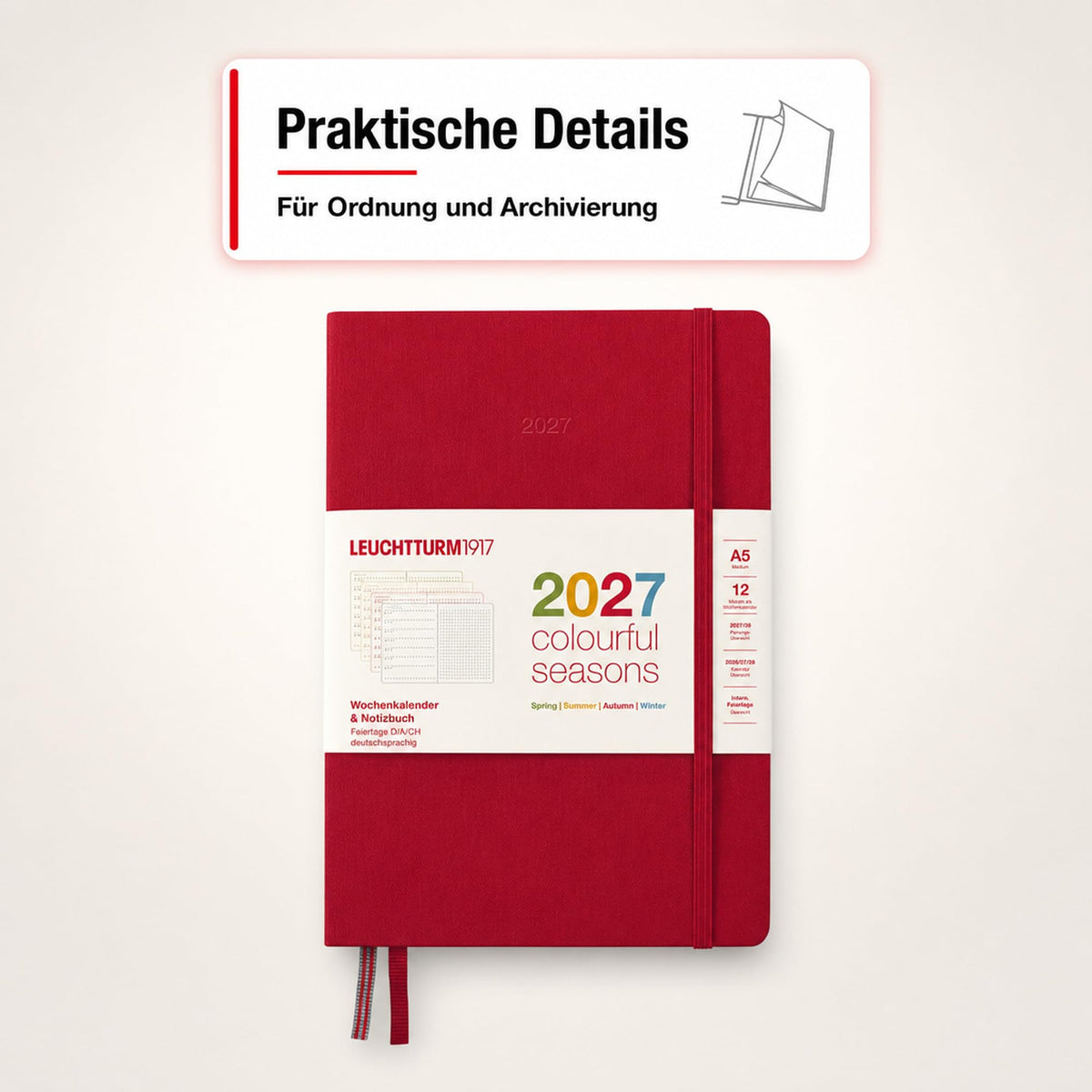 LEUCHTTURM1917 Calendar săptămânal și caiet cu punct mediu (A5) 2027, anotimpuri colorate roșu, engleză, cartonat, prezentare generală a calendarului 2026/2027/2028, prezentare generală a planificării 01.27-12.28, planificator de proiecte, buzunar