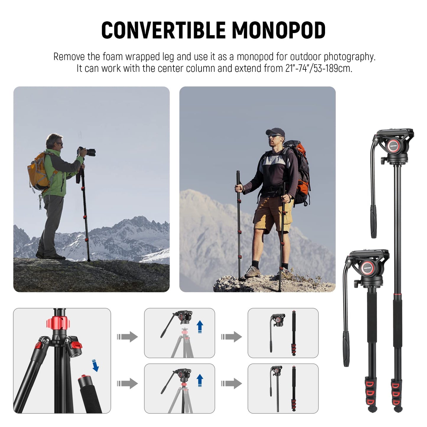 NEEWER 72" fluid head video monopod, quick release plate compatible with DJI RS Gimbal, 360° panning and +90°/-70° tilt for DSLR camera camcorder, maximum load 8kg, TP72A