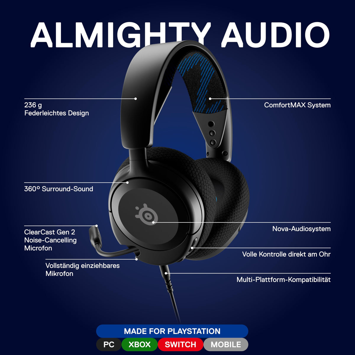 SteelSeries Arctis Nova 1P - Headset de gaming multi-sistem - Driver Hi-Fi - Sunet surround 360° - Pernuțe pentru urechi din spumă cu memorie - Microfon cu anulare a zgomotului - PS5, PS4, PC, Xbox - Negru - 61611