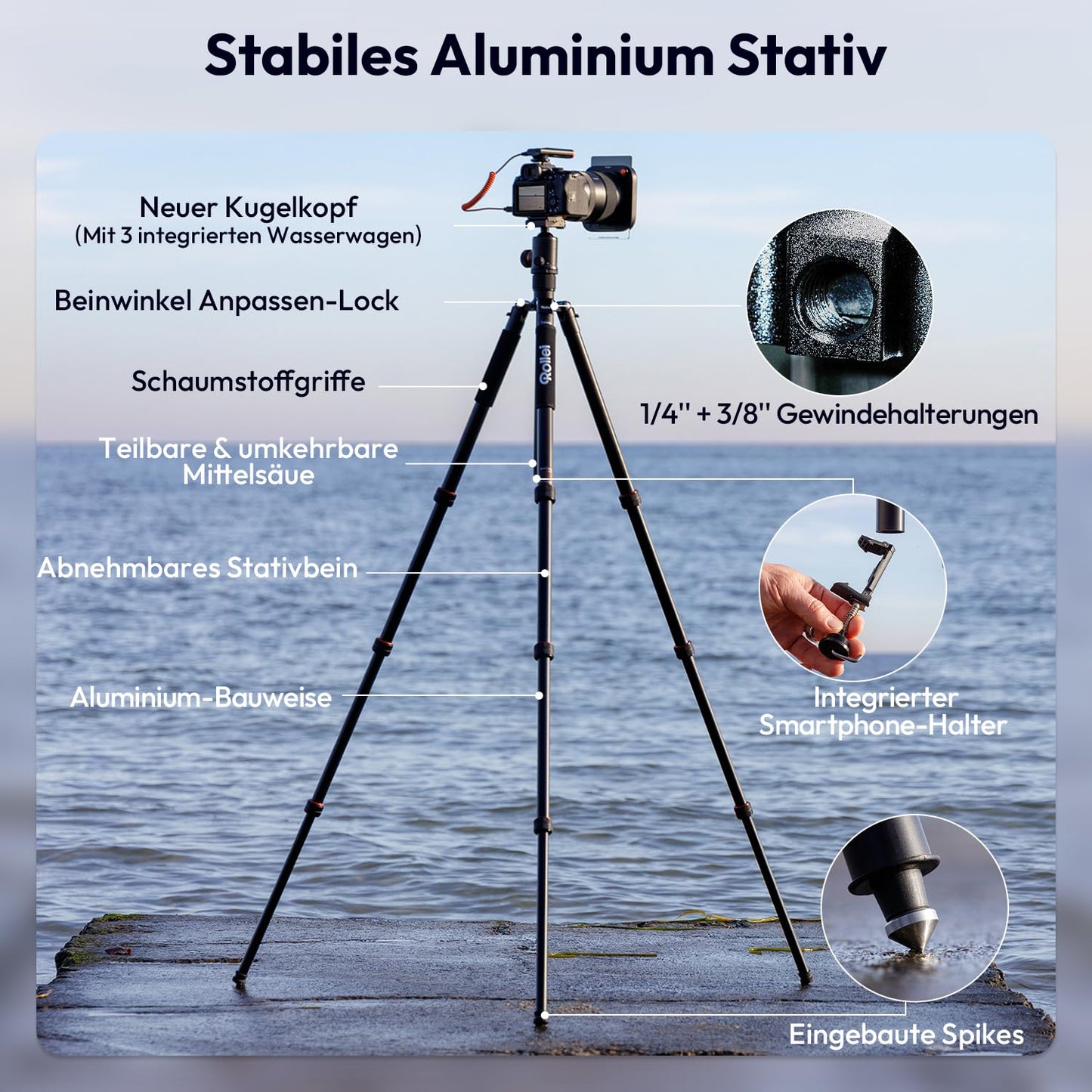 Rollei C6i Tripod Camera Black, 171.5 cm Photo Tripod Made of Aluminum Compact Tripod with Ball Head & Bag Arca Swiss Compatible for DSLR Tripod with Monopod Function, Camera Tripod Tripod - 26936