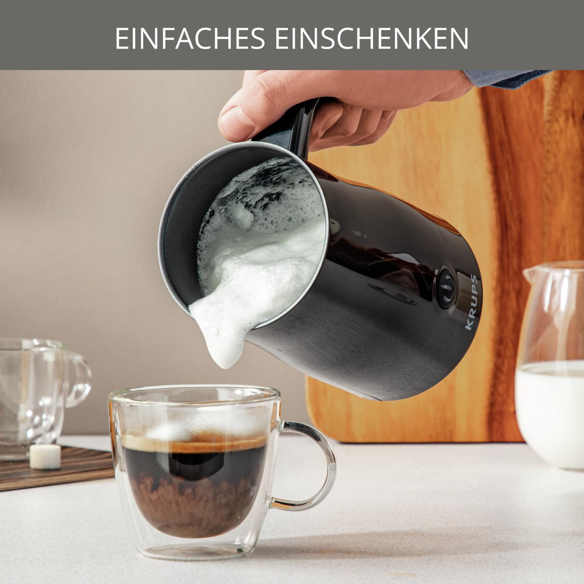 Krups electric milk frother, up to 150 ml frothing capacity, one-touch operation, easy cleaning thanks to non-stick coating, automatic shut-off, milk frother, black, XL1008