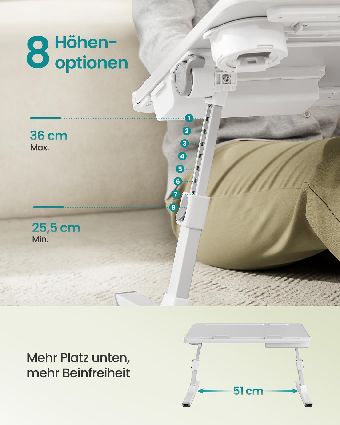 SONGMICS laptop table, bed table, laptop stand, 56 x 40 cm table top, 120° freely adjustable, height adjustable, with cup holder, drawer, portable, gray LLD113GZ01
