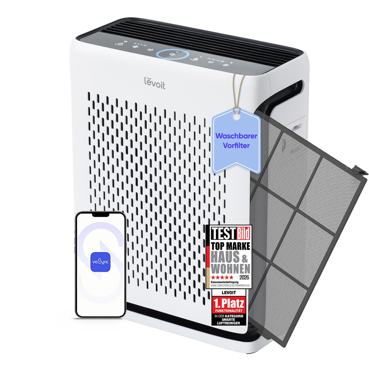 Levoit Vital 100S HEPA air purifier for allergy sufferers, CADR 243 m³/h, HEPA and activated carbon filter, quiet, PM2.5 sensor, app and Alexa, against dust, pollen, smoke and odors, up to 52㎡, moon white - LAP-V102S-WEU