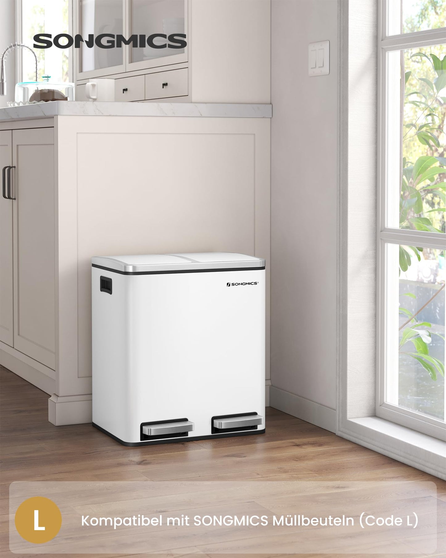 SONGMICS kitchen trash can, 2 x 15 liters, waste separation system 2 compartments, including 15 trash bags, trash can, pedal bin, recyclable waste, organic waste, soft close lid, cloud white LTB30WT