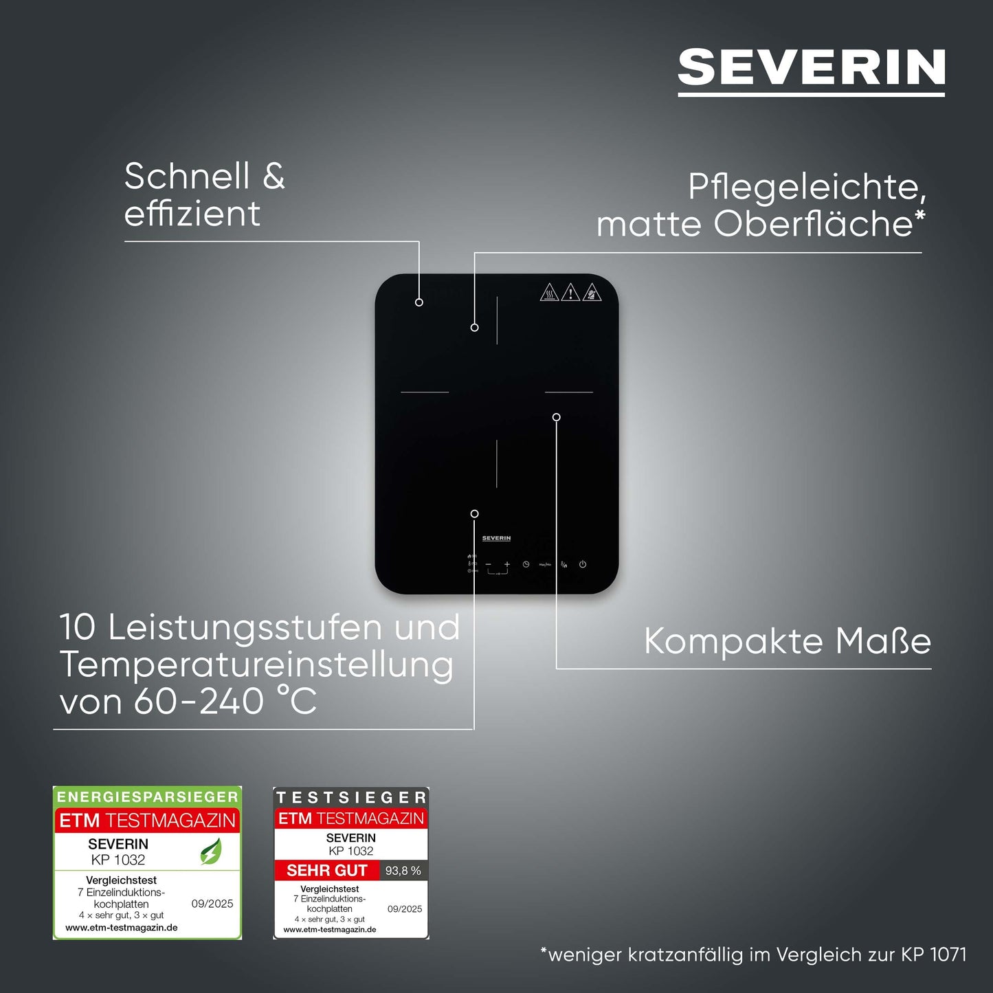 Severin induction hob, matt glass ceramic hob, scratch-resistant, 10 power levels, touch display, timer function, signal tone and automatic switch-off, single, 2,000W, black, glass, KP 1032