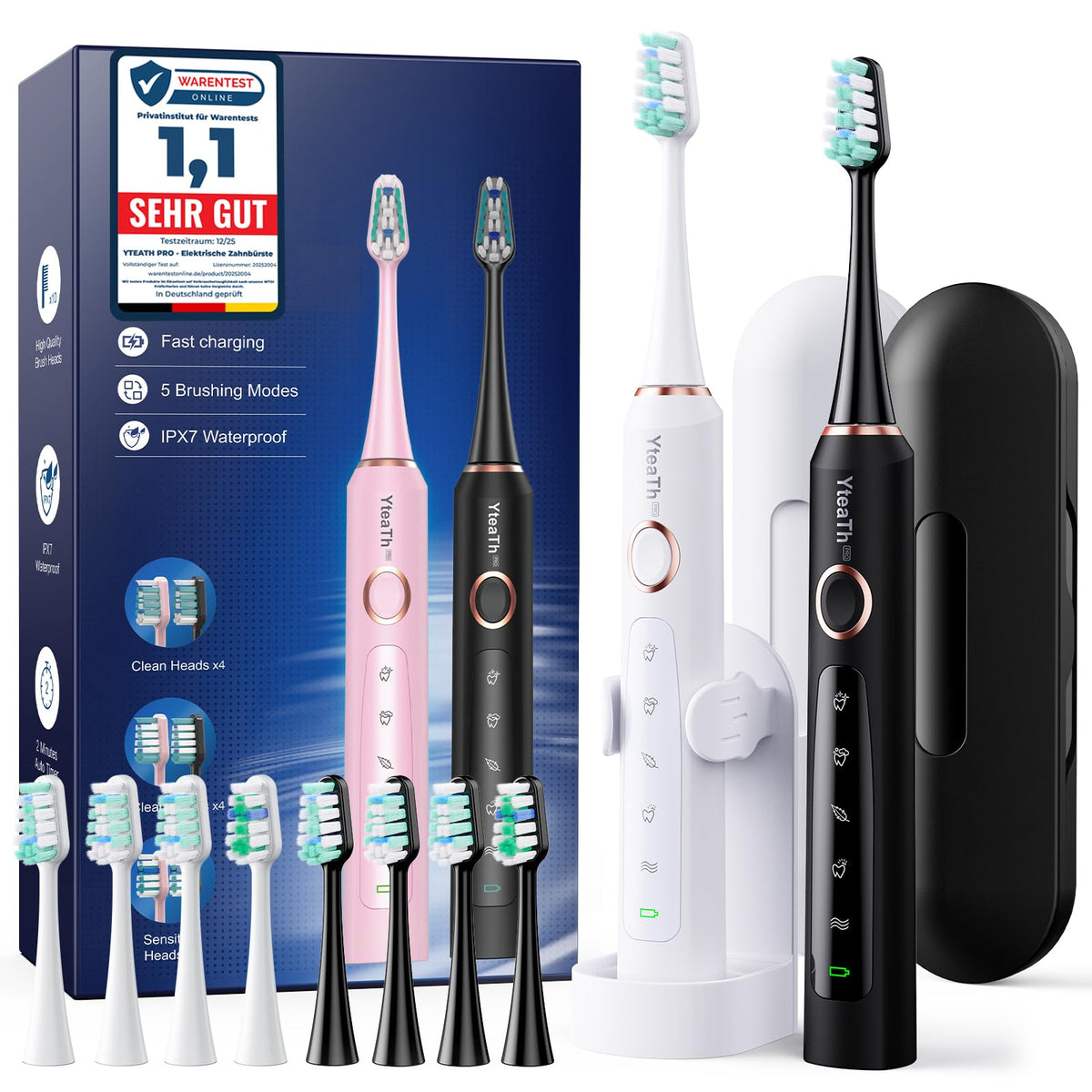2 pieces Electric Toothbrush Sonic Toothbrush for adults and children - Electric Toothbrush with 8 brush heads (2 types) and 5 modes. 90 days battery life, 2 minutes smart timer, travel case. - Y05U