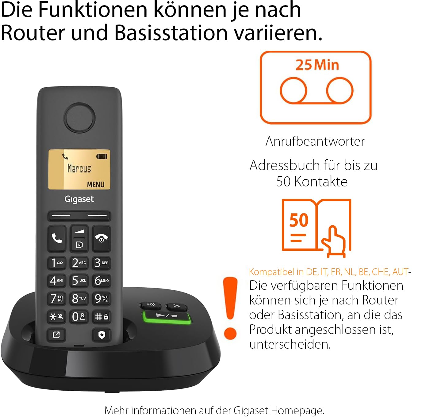 Gigaset Pure 120A - Cordless DECT telephone with answering machine - ECO DECT - call protection - illuminated display - hearing aid compatible, anthracite black [Compatible in DE, IT, FR, NL, BE, Che, AUT] - S30852-H3125-R143