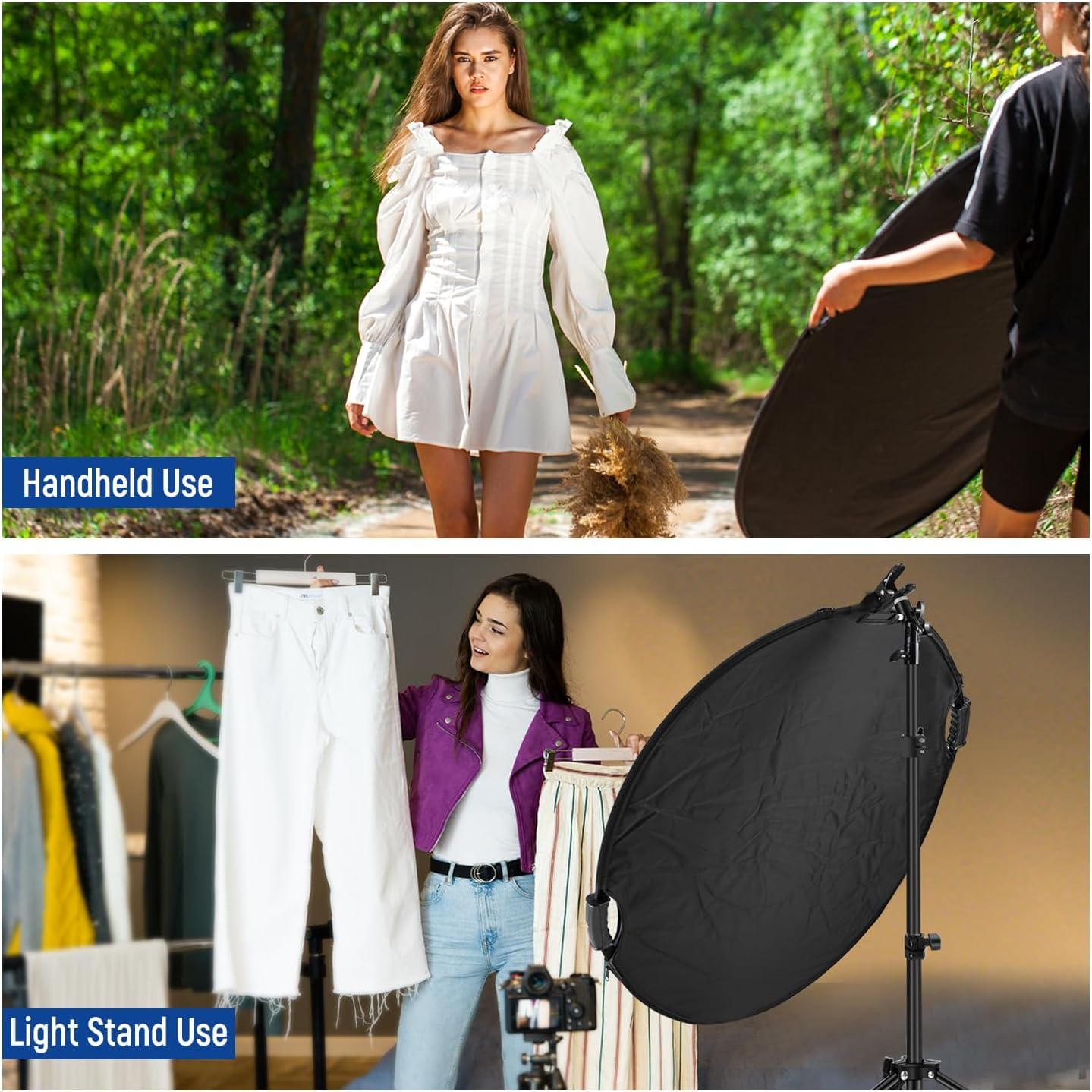 NEEWER 110cm light reflector with clamp and handles, 5 in 1 foldable multi disc photography reflector translucent/silver/gold/white/black with 3/8" thread for studio outdoor lighting, RF-110II - 90101292