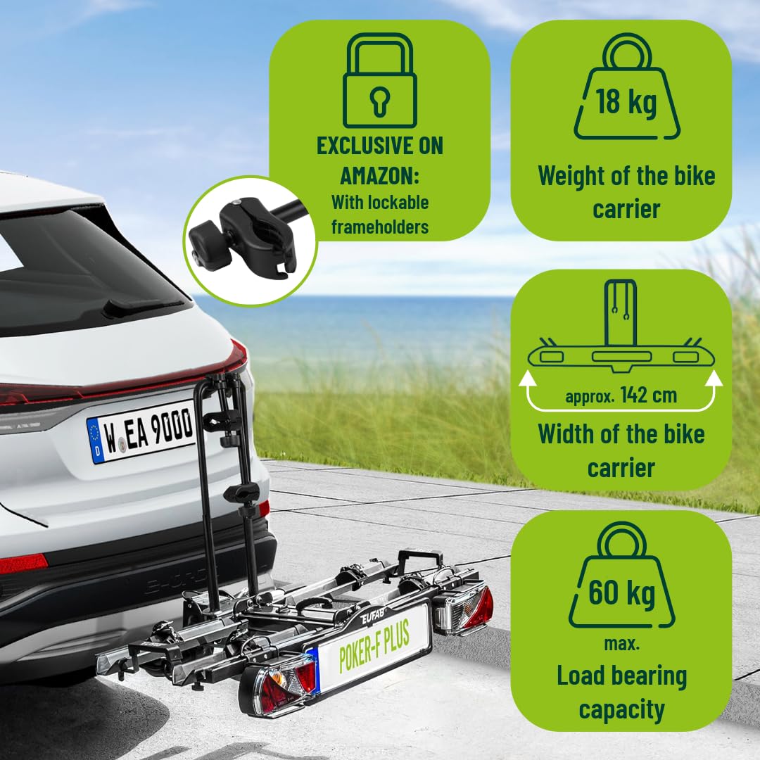 EUFAB 12012LASON bicycle carrier Poker-F Plus, EXCLUSIVE ON Amazon with lockable frame holders, suitable for e-bikes, completely pre-assembled, for 2 bicycles, for trailer hitch, black
