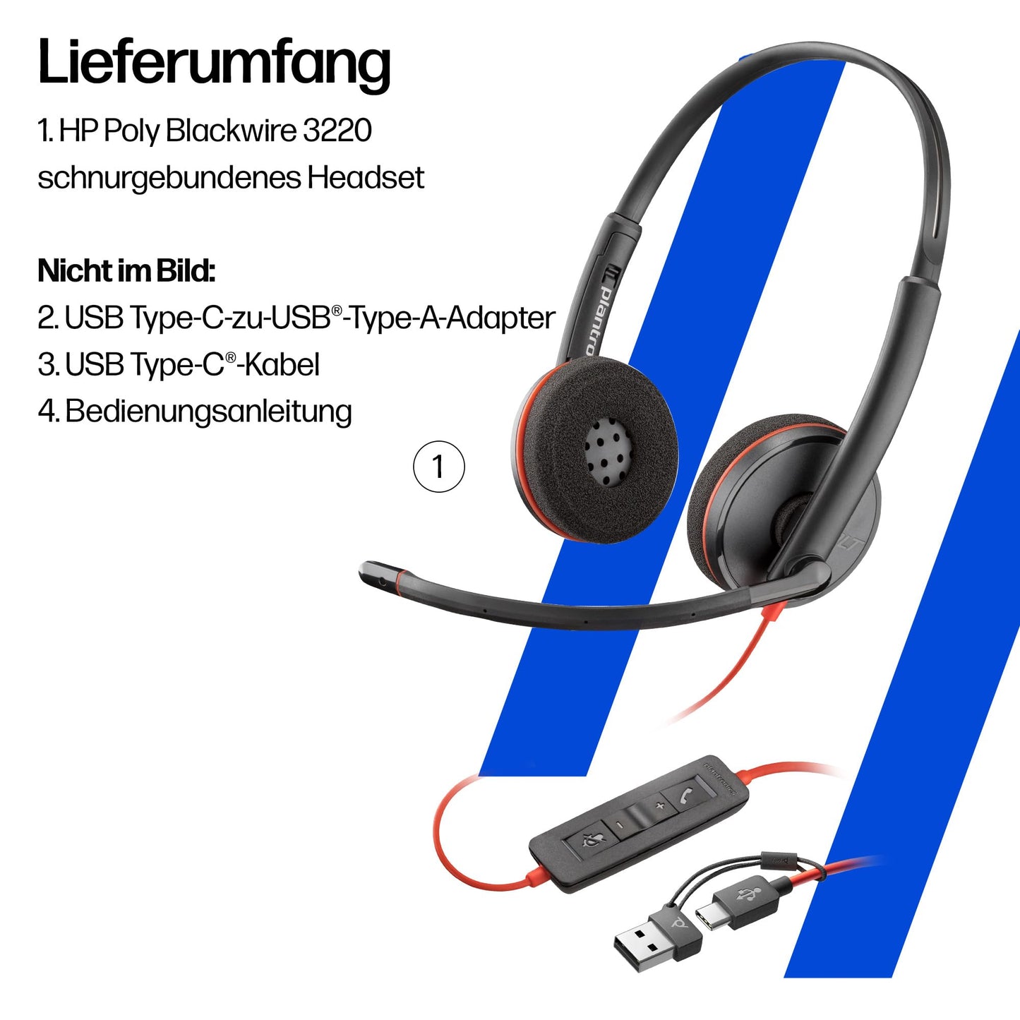 Poly Blackwire 3220 corded USB-C headset, noise canceling microphone, stereo design, connects to PC/Mac via USB-C or USB-A, compatible with Teams/Zoom, SoundGuard technology - 9P7X8AA