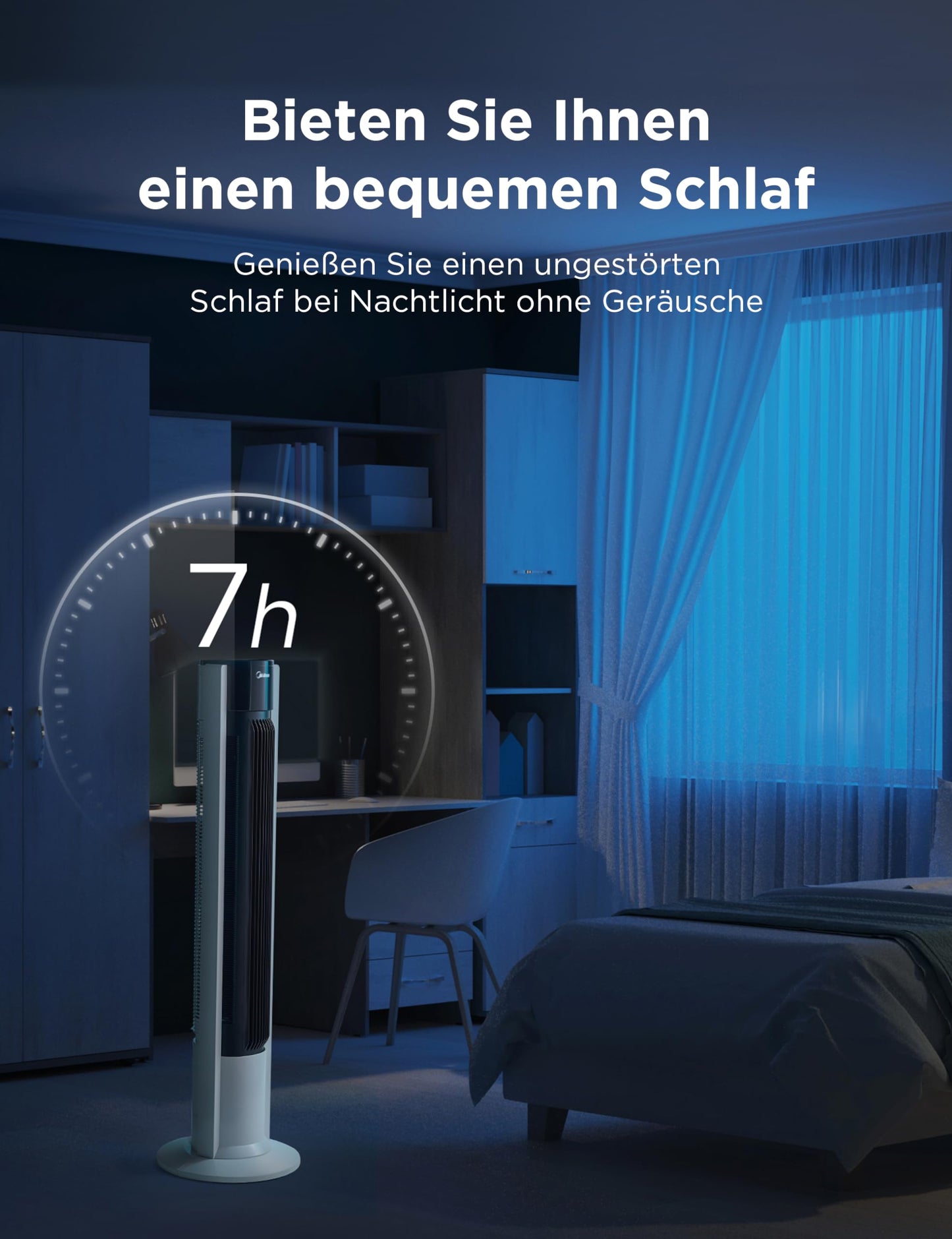 Midea FZ10-19BRA tower fan, robust copper motor, internal air supply, remote control, 7 hour timer, touch and control panel display, three modes and three speeds to choose from