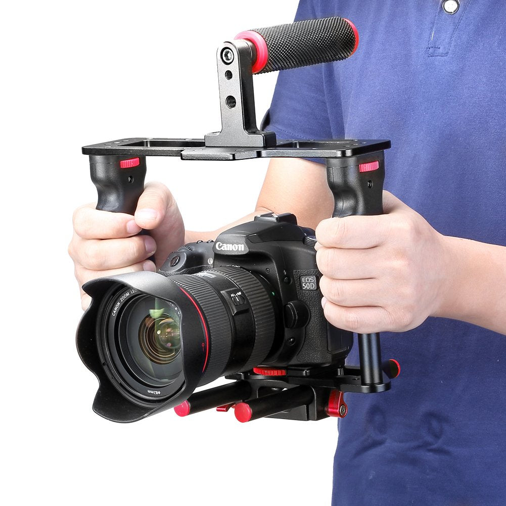 NEEWER Cage Camera Cage Made of Aluminum Alloy with Top Handle, Two Handles 15mm Rods, Video Stabilizer Compatible with Canon Sony Fujifilm Nikon DSLR Camera and Camcorder (Black + Red) - CG-MF