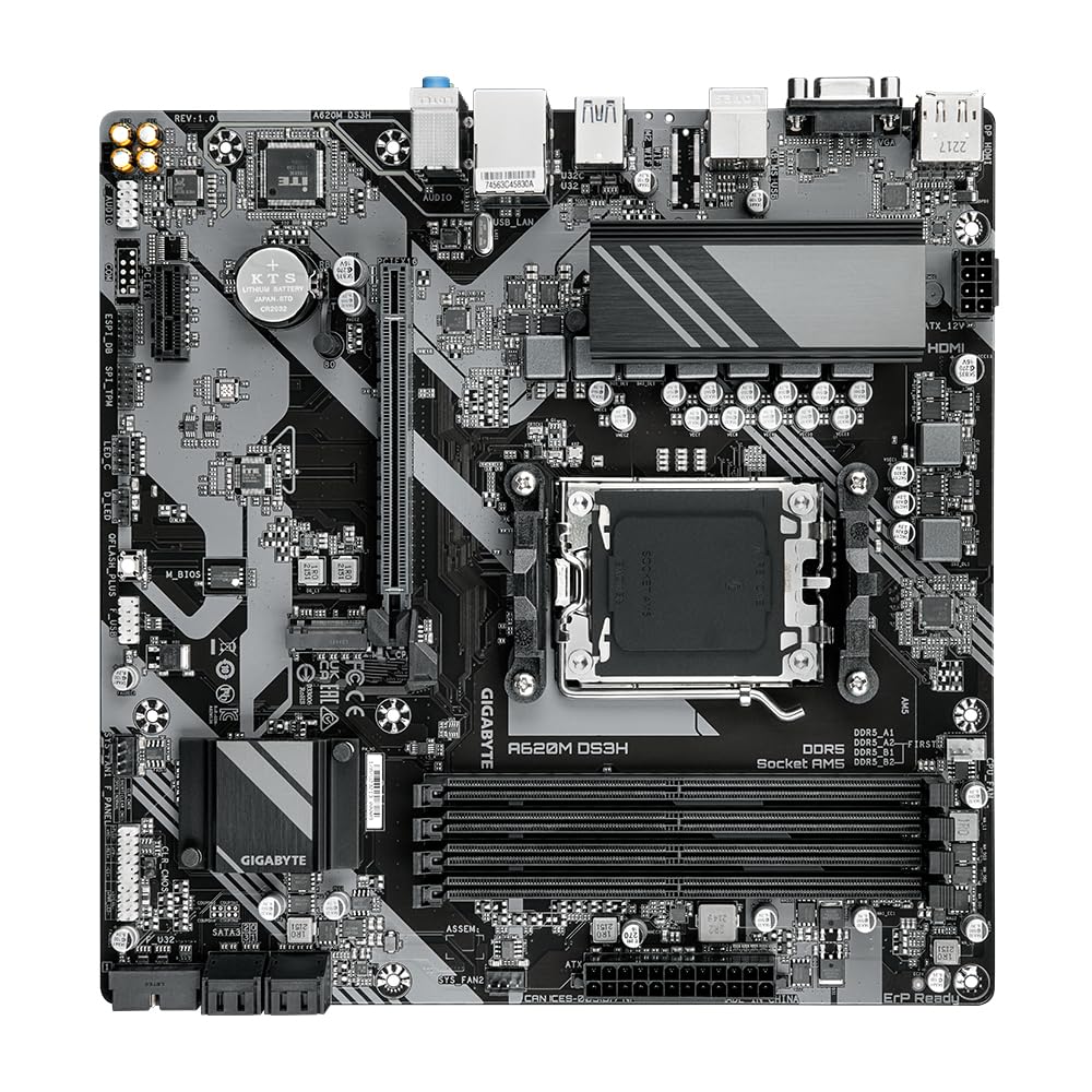 Placa de bază GIGABYTE A620M DS3H - Suportă procesoare AMD Ryzen 8000, VRM digital pe 5+2+2 faze, până la 7600MHz DDR5 (OC), 1xPCIe 4.0 M.2, LAN GbE, USB 3.2 Gen 1