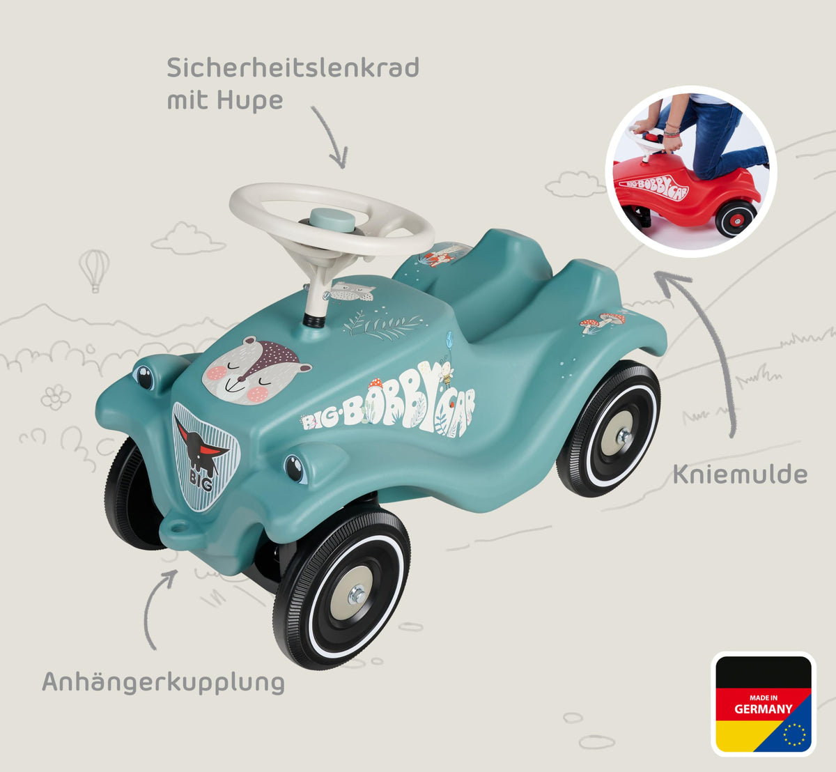Big Bobby Car Classic Life - Ride-on car for children from 1 year, made from recycled plastic, ergonomic body, safety steering wheel with horn, sturdy wheels, Petrol-Beige, suitable from 12 months. - 800056148