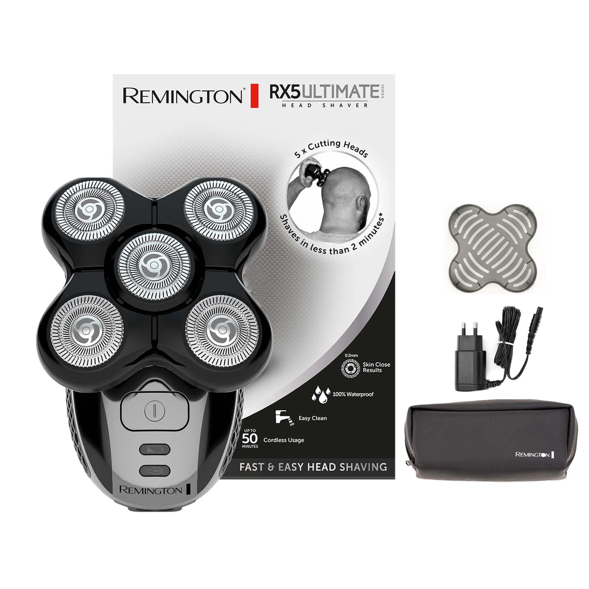 Remington XR1501 Electric Shaver for Men, Head Shaver with Lithium Battery (Black, 5 Cutting Heads, Smooth Shaving Result with a Minimum Length of 0.2mm, Hair Collection Chamber, Detail Trimmer)