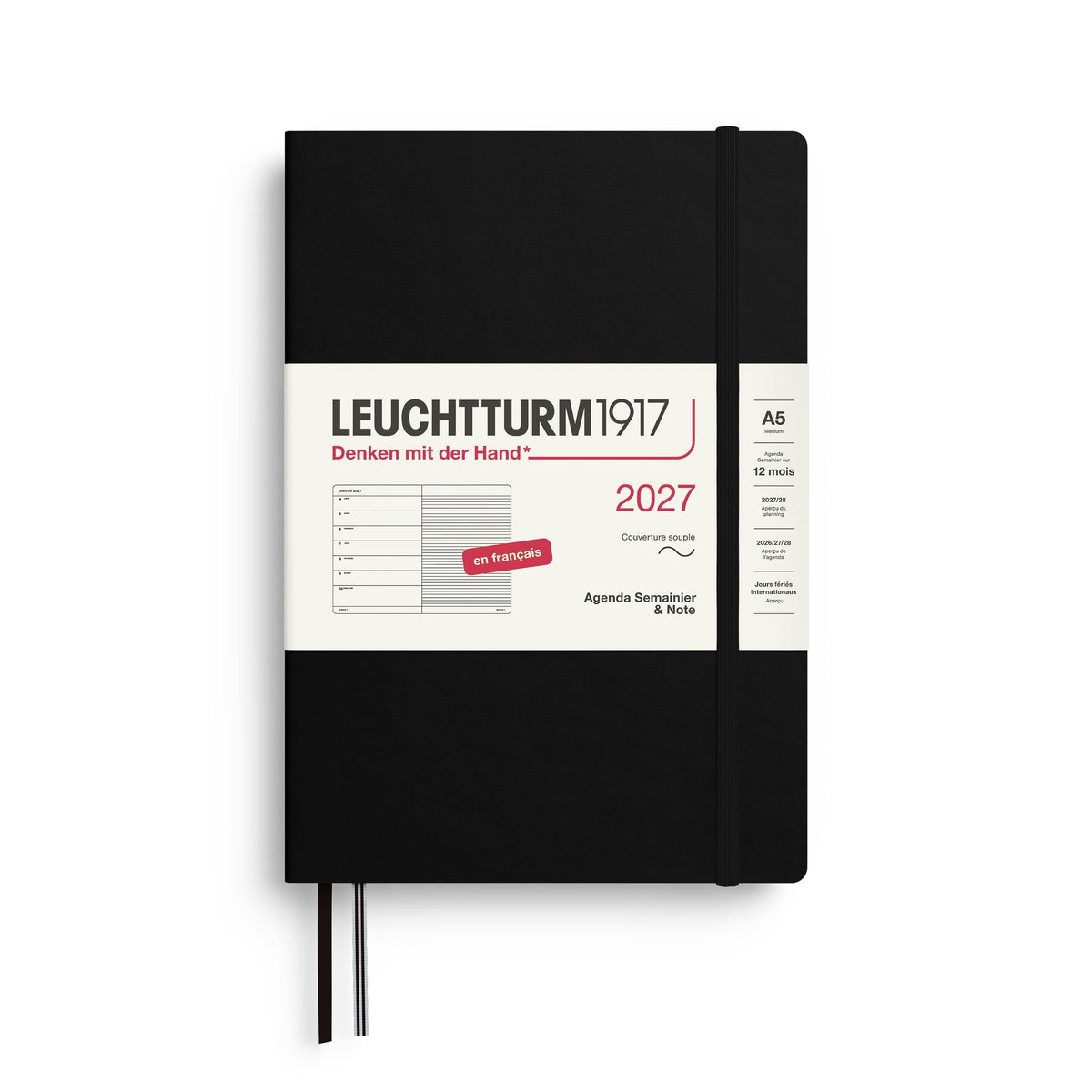 LEUCHTTURM1917 weekly calendar 2027 medium (A5) with notebook, lined - French appointment planner, black, soft cover, January-December 2027, weekly overview on the left + note page on the right - 400387