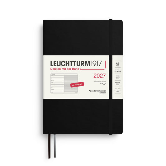 LEUCHTTURM1917 calendar săptămânal 2027 mediu (A5) cu caiet, cu linii - planificator de întâlniri francez, negru, copertă moale, ianuarie-decembrie 2027, prezentare săptămânală în stânga + pagina de note în dreapta - 400387