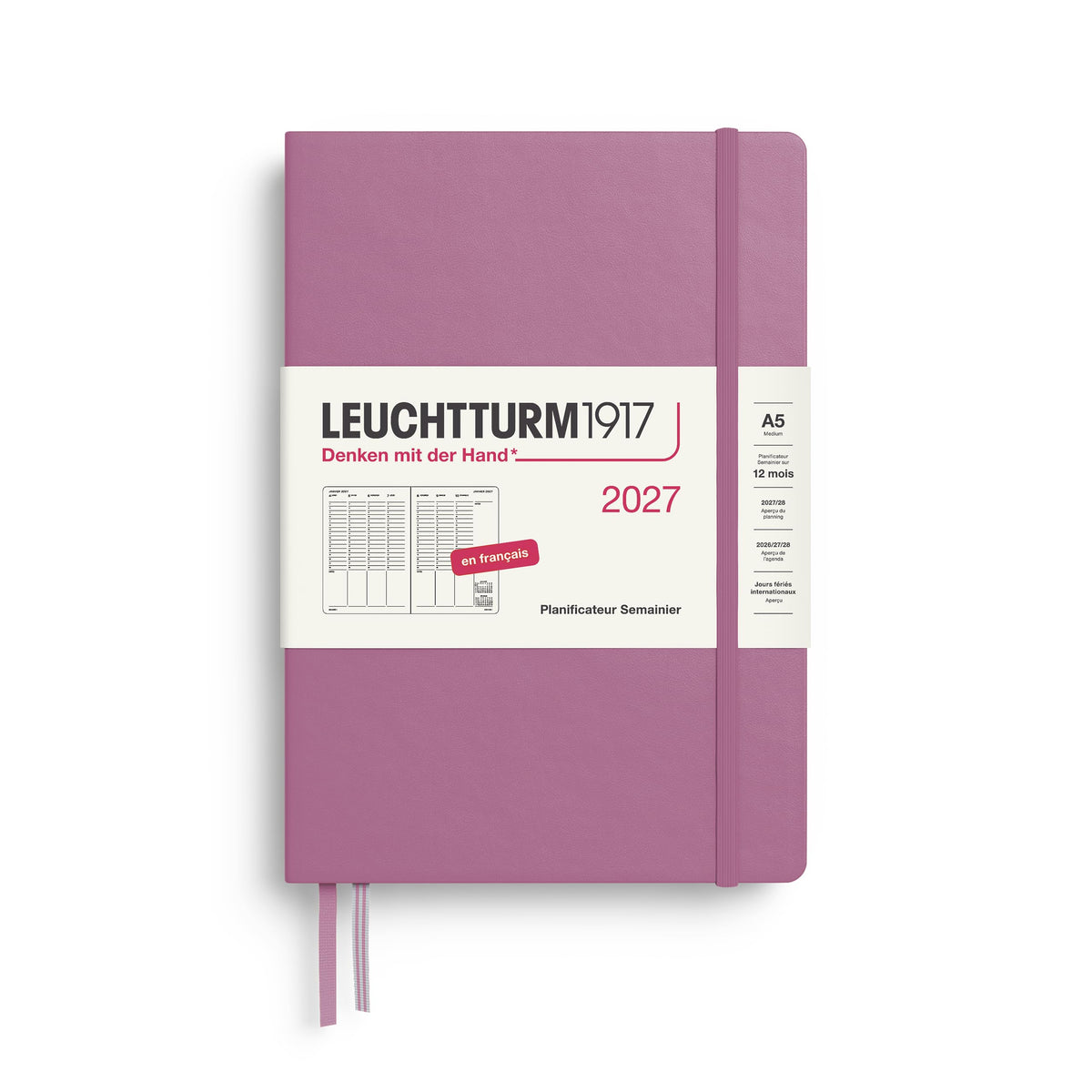 LEUCHTTURM1917 Planificator săptămânal 2027 Medium (A5) - Franceză, Dusty Rose, 210 x 145 mm, ianuarie-decembrie (12 luni), prezentare generală săptămânală cu grilă orară 7:00 a.m. - 22:00 p.m. pe coloană, cartonată - 400407