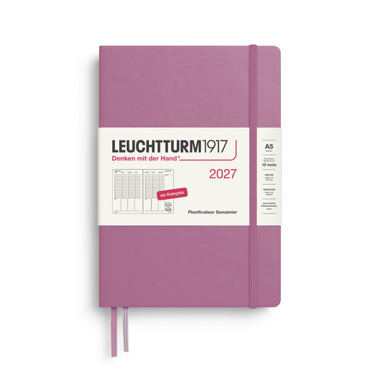 LEUCHTTURM1917 Weekly Planner 2027 Medium (A5) - French, Dusty Rose, 210 x 145 mm, January-December (12 months), weekly overview with hourly grid 7:00 a.m. - 10:00 p.m. per column, hardcover - 400407