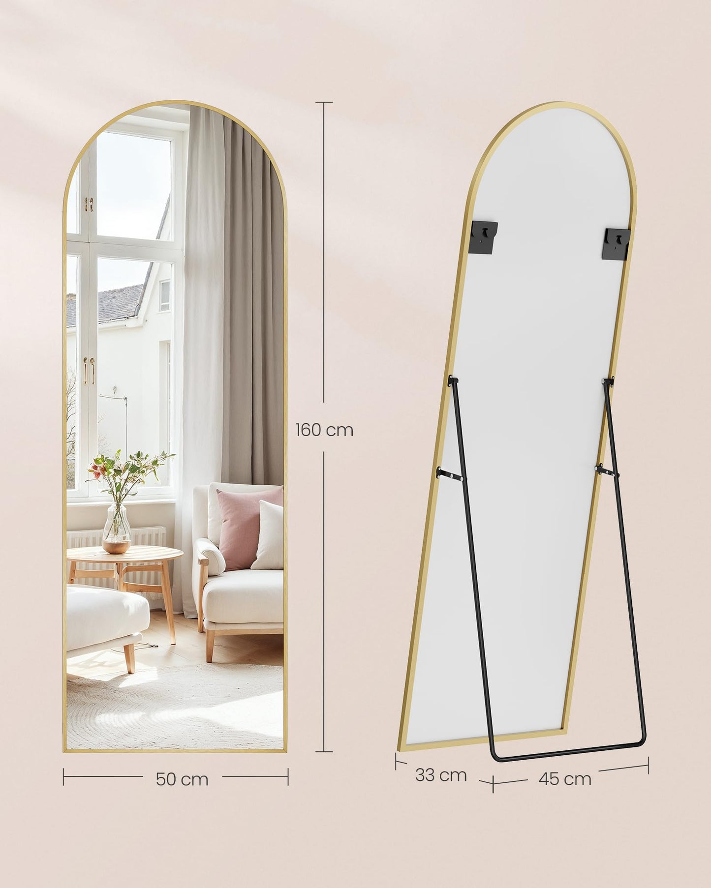 SONGMICS Full Length Mirror 160x50cm Curved Standing Mirror Aluminum Alloy Frame Tempered Glass for Bedroom Living Room Cloakroom Pale Gold LFM031A01 - ULFM031A01