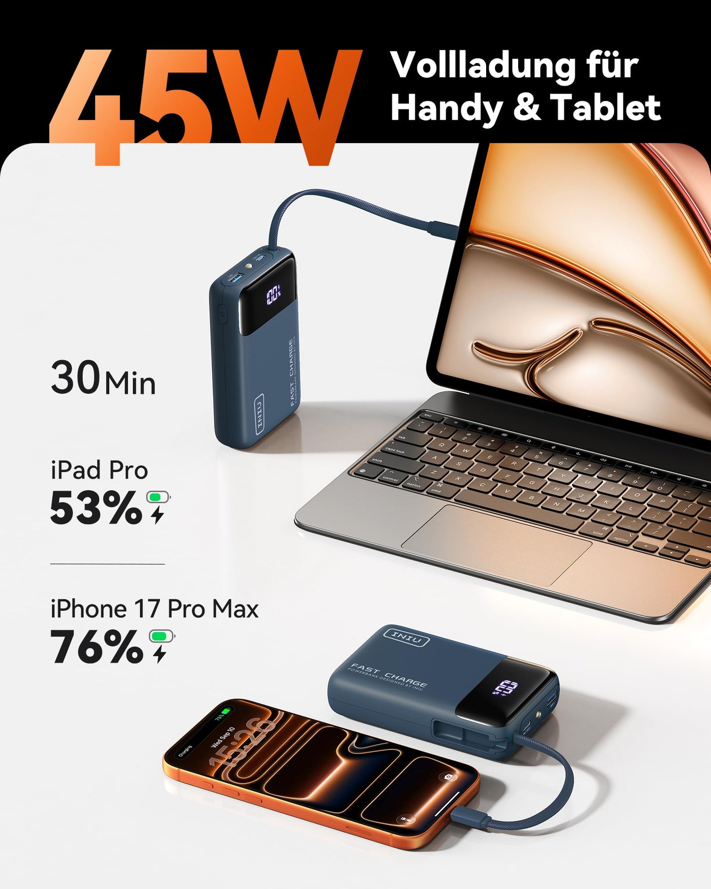 INIU 45W power bank, ultra small 20000mAh power bank with integrated USB C cable, quick charging external mobile phone batteries, suitable for flight, travel essential for air travel, hand luggage, long flights, blue - P51L