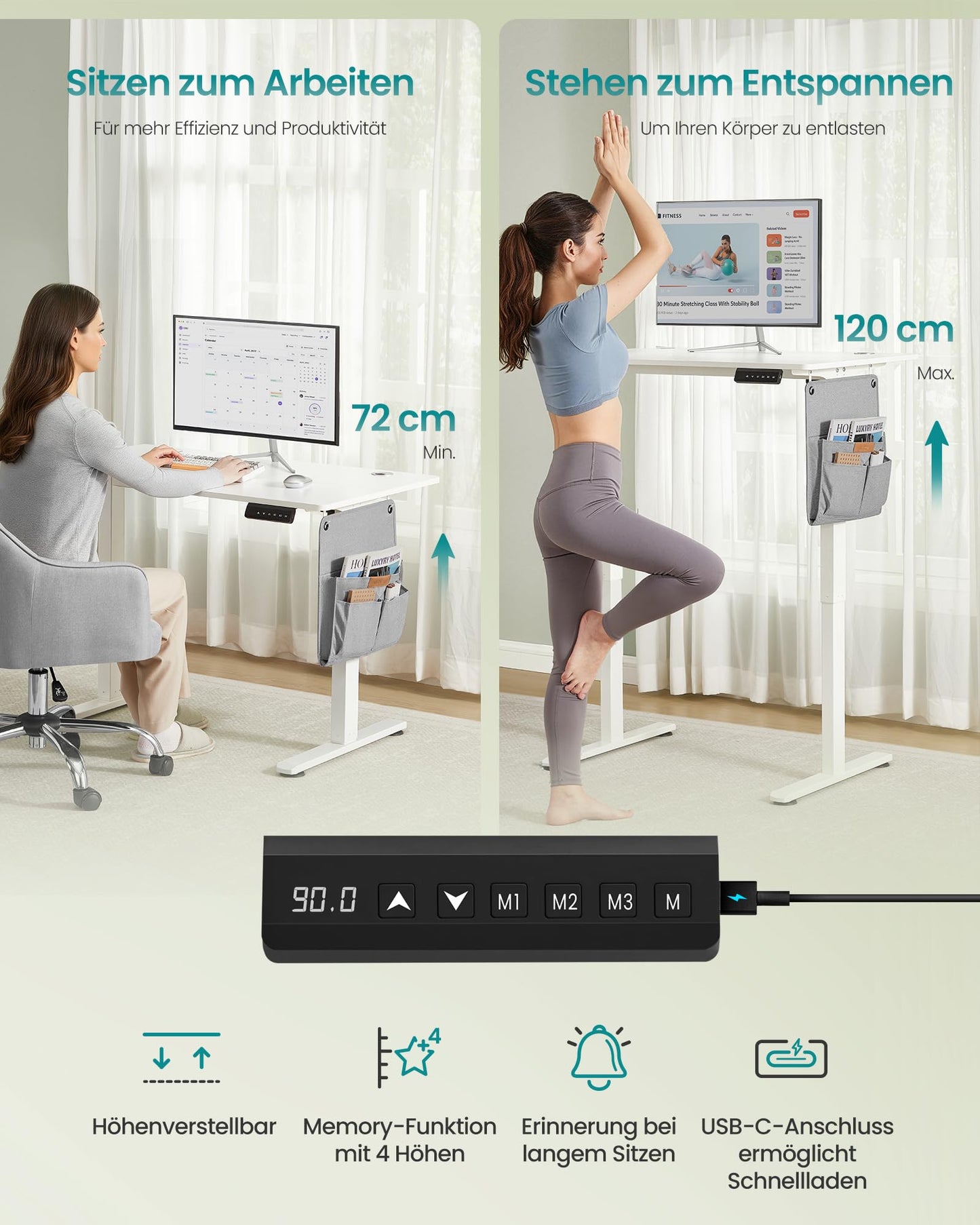 SONGMICS Electric height-adjustable desk, 100 x 60 cm, memory function with 4 heights, USB-C port, cloud white LSD130WZ01