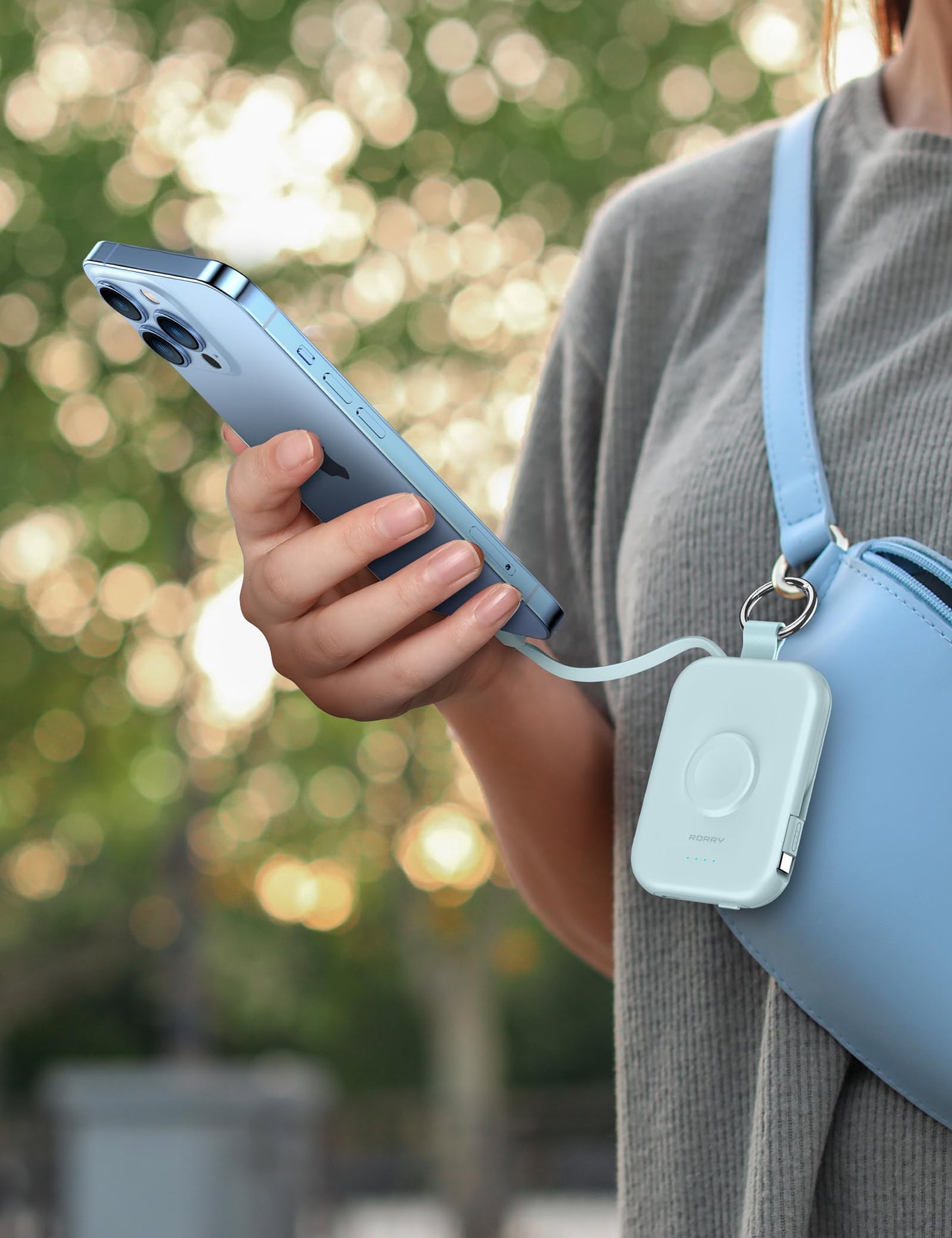 RORRY Power Bank, 5000mAh Power Bank with Integrated Cable, Travel Portable Charger Key Ring External Mobile Phone Batteries for iPhone 17/16/15/14/13/12, Apple Watch Ultra/11/10/9/8/7/6/SE, Blue - D2