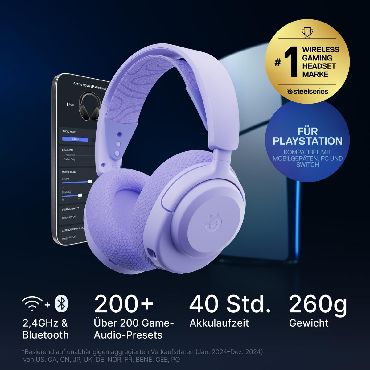 SteelSeries Arctis Nova 3P Wireless - Cască pentru PS5 și PC Gaming – Control prin aplicație – 40 de ore autonomie – Driveri cu magnet de neodim – 2,4 GHz/Bluetooth – Microfon detașabil – Pentru PS5, PC, Switch - Lavandă - 61692