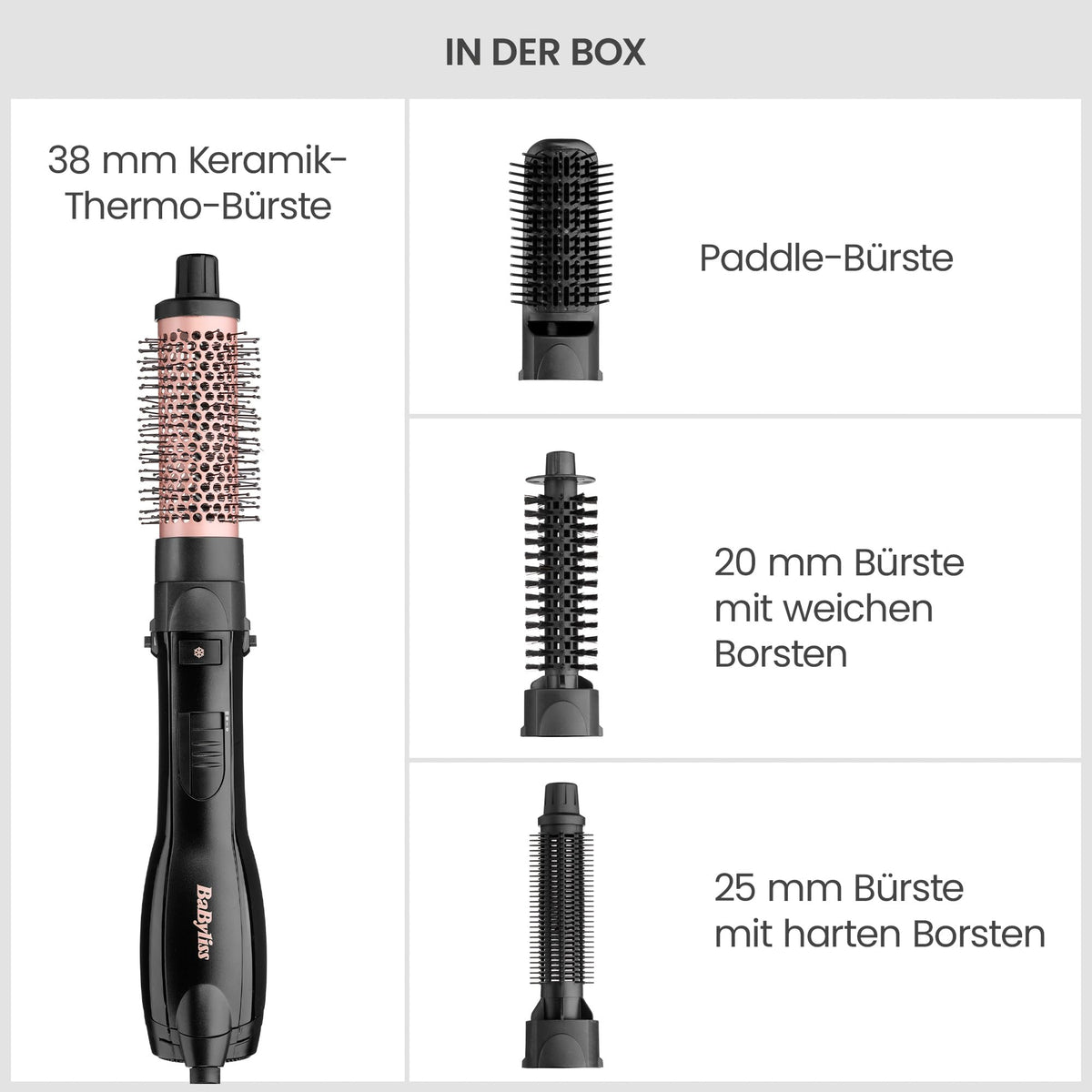 BaByliss Smooth Finish 1200 – 4-in-1 Hot Air Brush for Drying, Styling, Smoothing & Volume, Ion & Ceramic Technology, 4 Attachments, 1200W, Black/Pink, AS122E