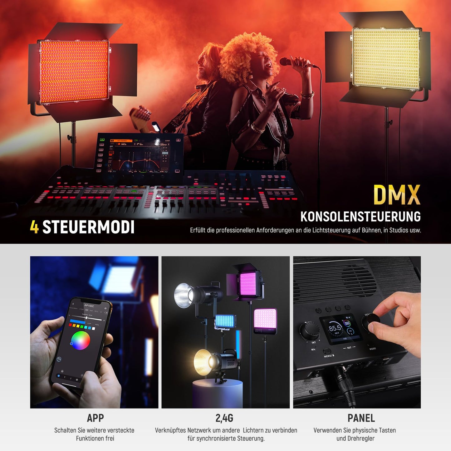 NEEWER 150W RGB LED panel video light set with barn doors, 1800 LED, 42500Lux at 0.5m, 2500-10000K, CRI96+/TLCI97+, 0.0%-100% dimming, APP/2.4G/Panel/DMX control for professional studio lighting, AP150C - 10104923
