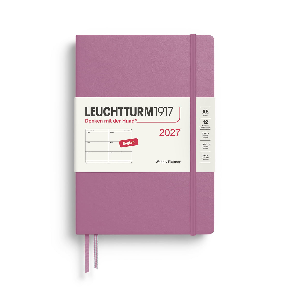 LEUCHTTURM1917 Calendar săptămânal 2027 Mediu (A5) - Engleză, Dusty Rose, Hardcover, 12 luni - ianuarie-decembrie 2027, 1 săptămână pe pagină dublă, hârtie de 80 g/m² cu compatibilitate ridicată cu cerneală - 400269