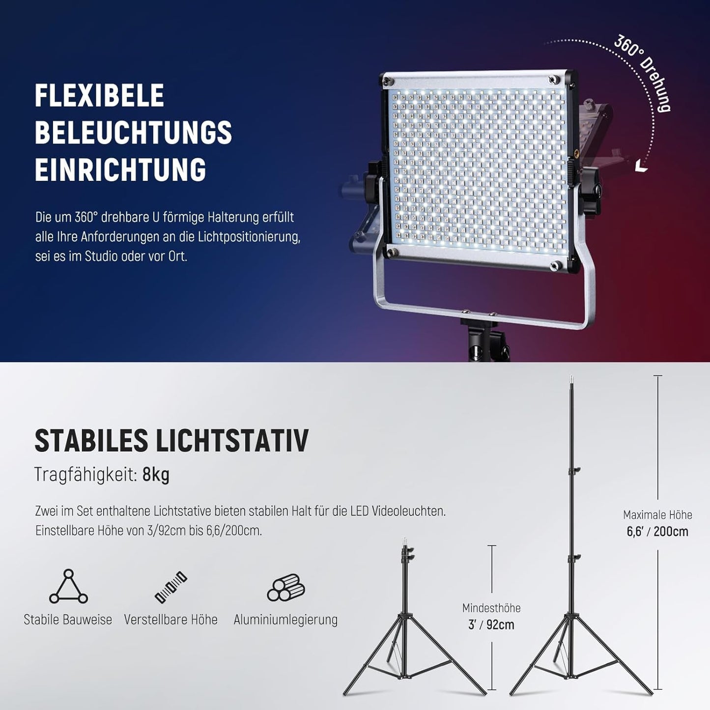 NEEWER 2 x 660 PRO RGB LED video light panel with tripod stand set app control 360° full color video light 50W dimmable 3200~5600K CRI97+ studio continuous light gaming/streaming/zoom/YTB/Webex/photography - 10098759