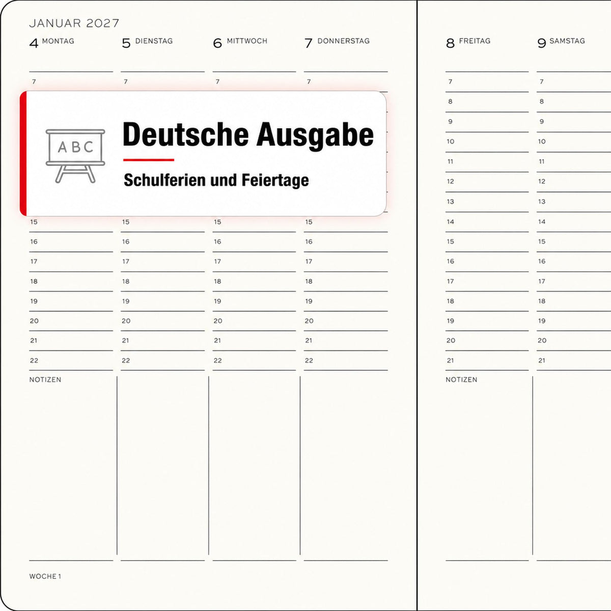 LEUCHTTURM1917 Weekly Planner 2027 Medium (A5) - German, Cherry, 210 x 145 mm, January-December (12 months), weekly overview with hourly grid 7:00-22:00 per column, hardcover, 80 g/m² paper - 400147