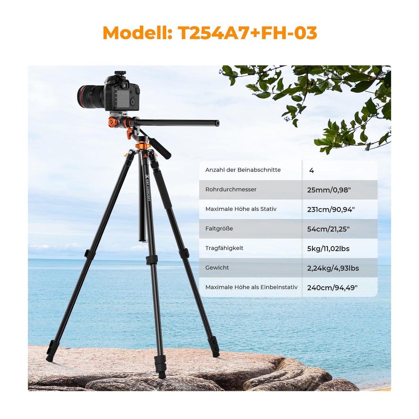 Camera tripod, K&F CONCEPT video tripod video tripod with fluid head, 231cm tripod with 90° center column and removable monopod, aluminum travel tripod T254A7+FH-03 for DSLR, camcorders, cameras