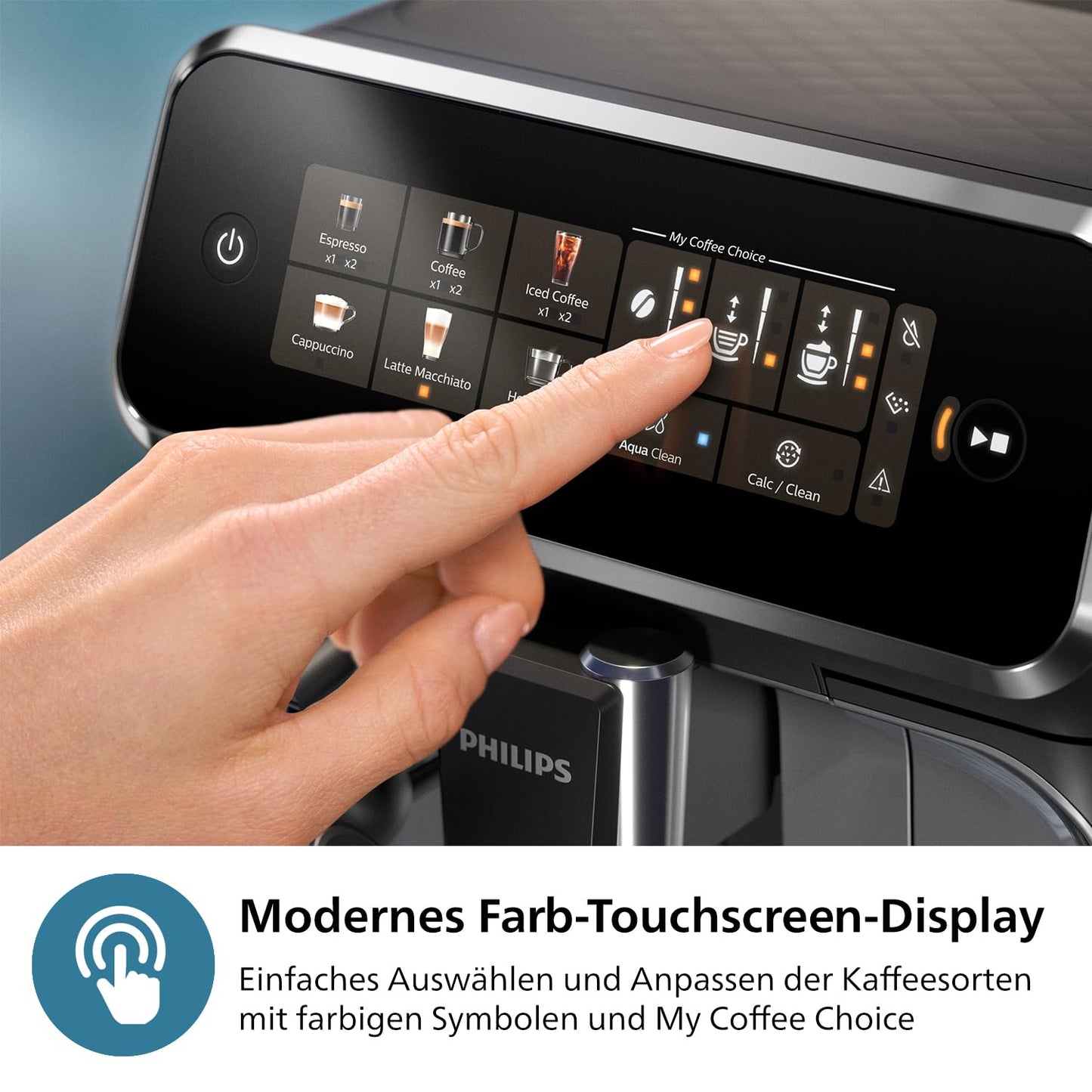 PHILIPS 3300 Series fully automatic coffee machine - 5 drinks, intuitive touch display, classic milk frother, SilentBrew, 100% ceramic grinder, AquaClean filter. Black chrome (EP3326/90)