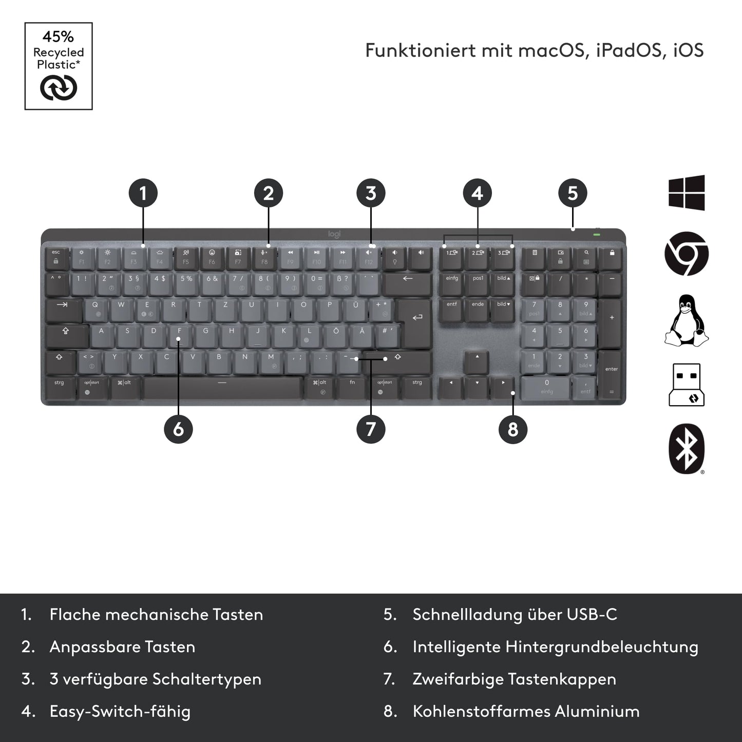 Logitech MX Mechanical Wireless Backlit Performance Keyboard, Linear Keys, Backlit, Bluetooth, USB-C, macOS, Windows, Linux, iOS, Android, Metal, German QWERTZ - Gray - 920-010749