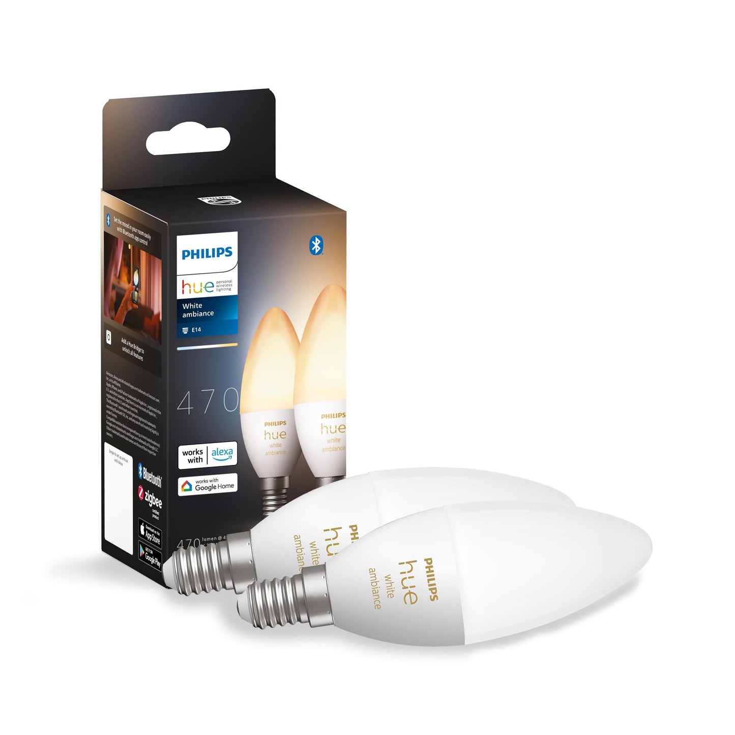 Philips Hue White Ambiance E14 LED lamp double pack, dimmable, all shades of white, controllable via app, compatible with Amazon Alexa (Echo, Echo Dot) - 929002294404
