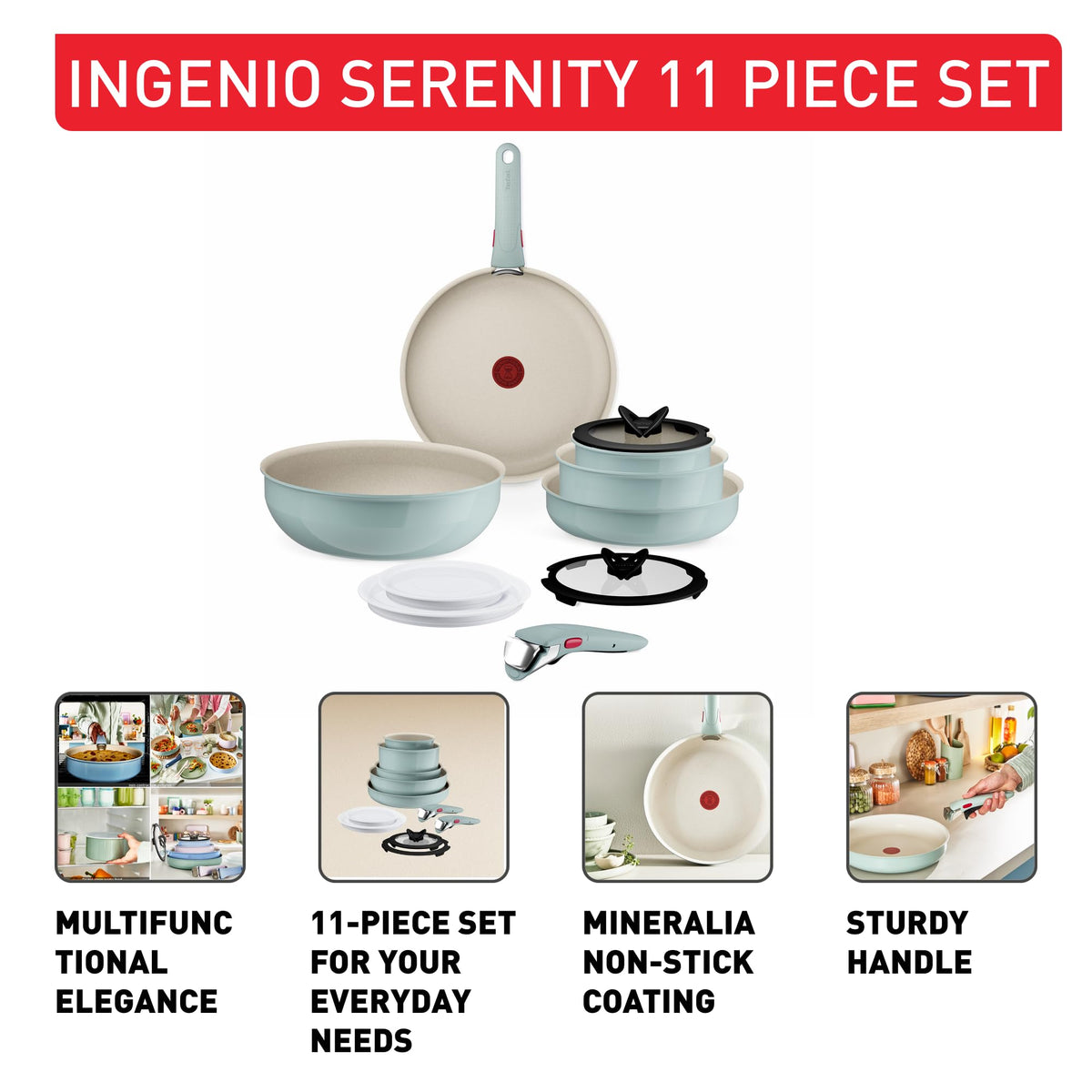 Tefal Ingenio Serenity Cookware Set 11-piece – stackable and space-saving set made of aluminum, Mineralia non-stick coating, detachable handle, suitable for all types of cooktops including induction, Eucalyptus - L828SB04