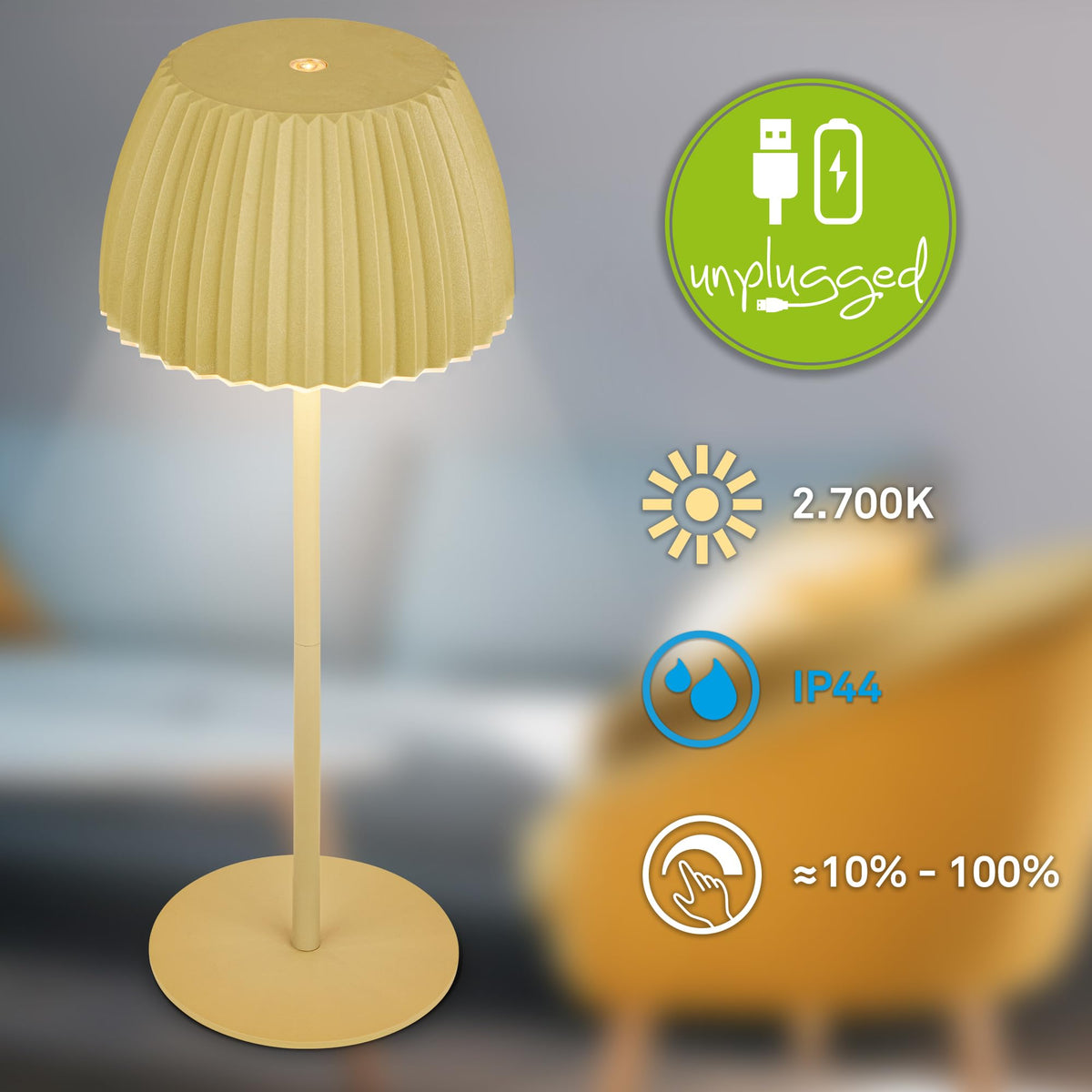 BRILONER - Riffle LED Table Lamp Wireless IP44 with Light Edge, Touch Dimmer, Replaceable Battery, Nightstand Lamp, Reading Lamp, LED Lamp, Battery Lamp, German Design Award Winner 2025, 14.5x36.5 cm, Green - 7553019