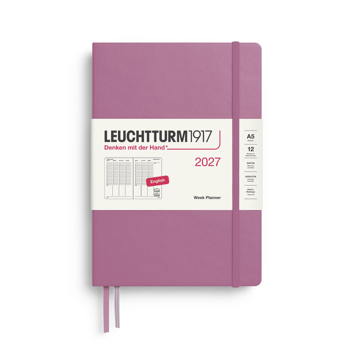 LEUCHTTURM1917 Planificator săptămânal 2027 Mediu (A5) - Engleză, Dusty Rose, 210 x 145 mm, ianuarie-decembrie (12 luni), prezentare generală săptămânală cu grilă orară 7:00-22:00 per coloană, copertă cartonată, hârtie de 80 g/m² - 400313