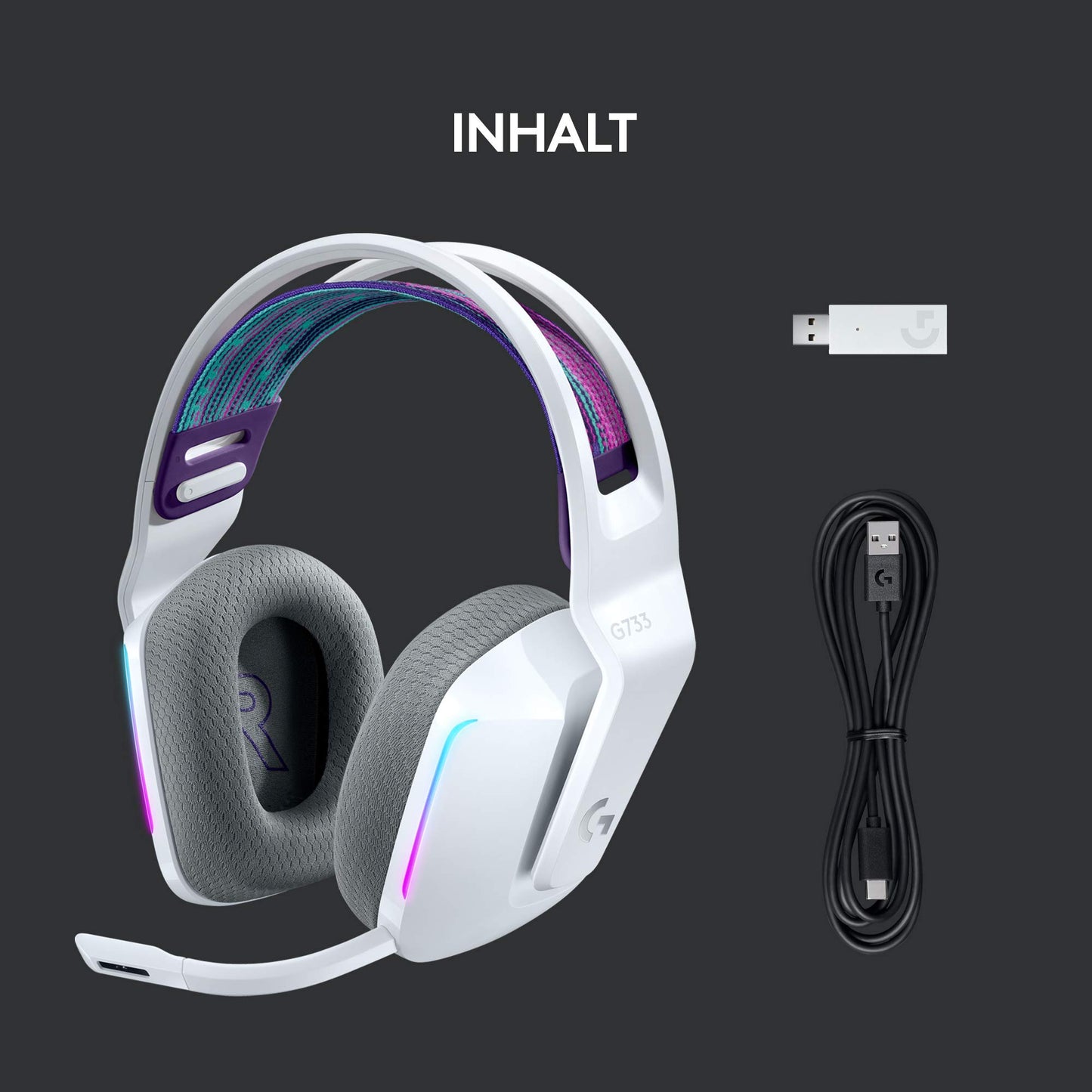 Logitech G733 LIGHTSPEED wireless gaming headset with headband, LIGHTSYNC RGB, Blue VO!CE microphone technology, PRO G speakers, ultralight, 29-hour battery life, 20m range - white - 981-000883