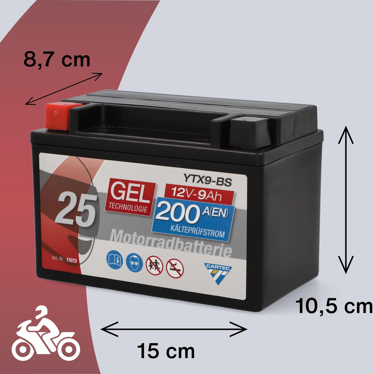 CARTEC motorcycle battery YTX9-BS, 9Ah, 200A, gel technology motorcycle starter battery, original equipment manufacturer quality, cycle-proof, storable, maintenance-free, black - 11073