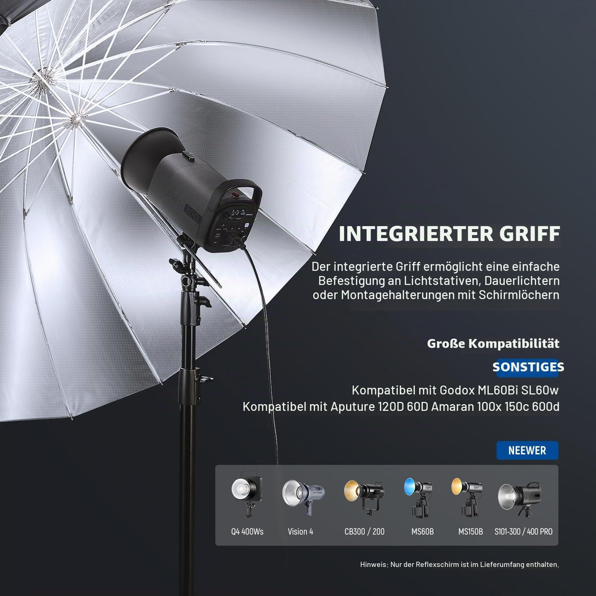 NEEWER Umbrelă parabolică reflectorizantă de 180 cm pentru fotografie, umbrelă de studio cu interior argintiu, iluminare moale cu capac de difuzie, geantă, pliabilă rapid pentru cameră, lumină video, NS4U - 10103475