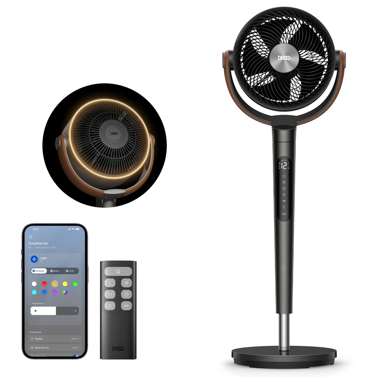 DREO 20dB quiet smart pedestal fan for bedrooms with RGB LED, 150°+120° oscillation, 30m air circulation fan and 2209m³/h air volume, 12 speeds, 6 modes, 94-107cm height, WiFi & Alexa - DR-HAF003S