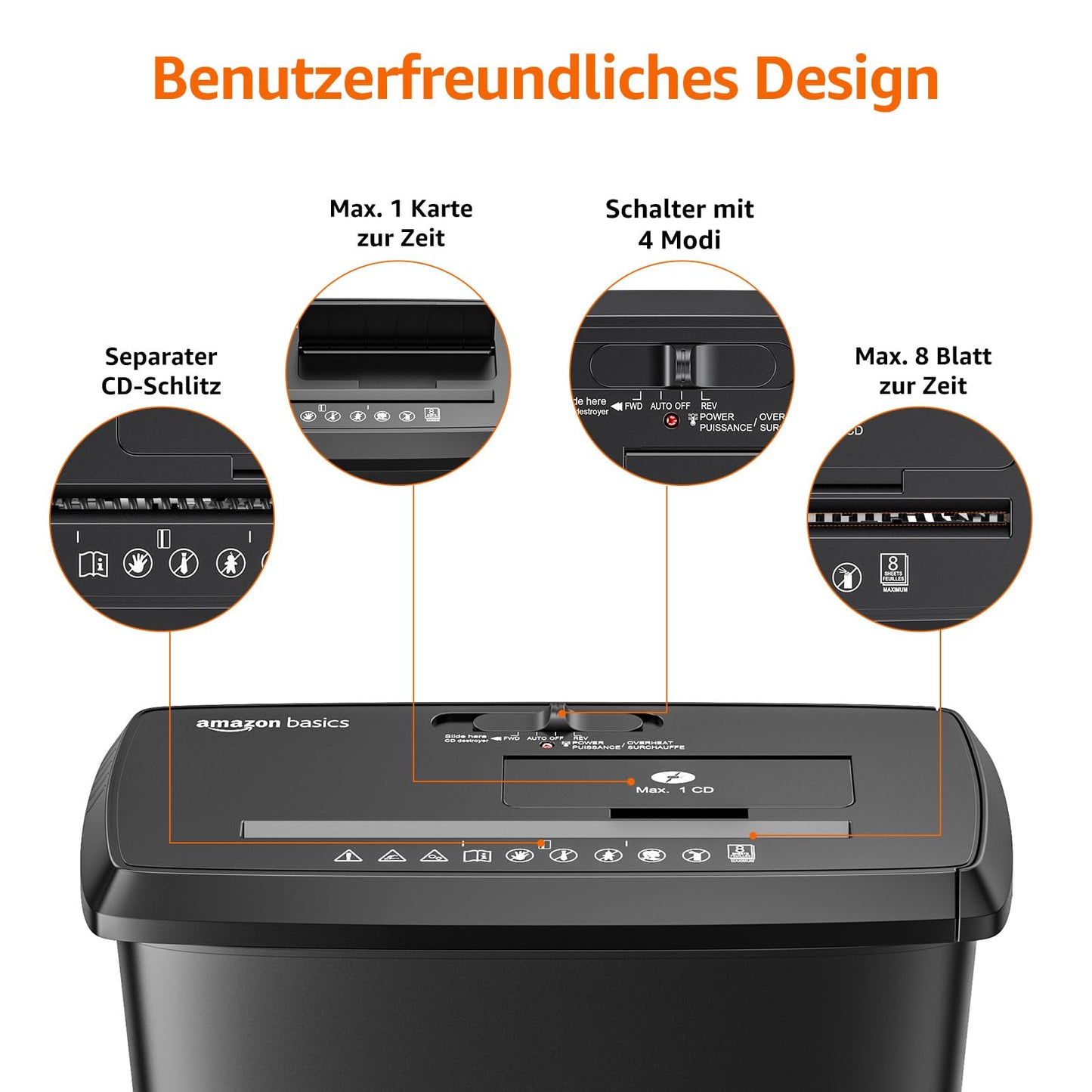 Amazon Basics strip cut document shredder, 8 sheets, for A4 documents, CDs and credit cards, 13l collection container, black - S120-D