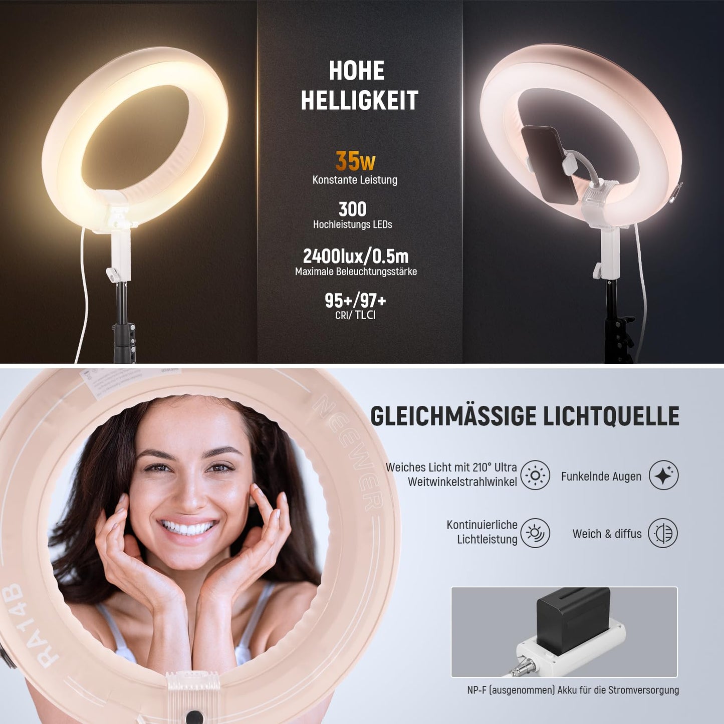 NEEWER 14" Inflatable Large Ring Light with Tripod Stand/Cell Phone Holder/Remote Control, 35W Portable LED Video Light 2900-6500K 2400Lux CRI95+ for Selfie Streaming Video Makeup Eyelash Studio, RA14B