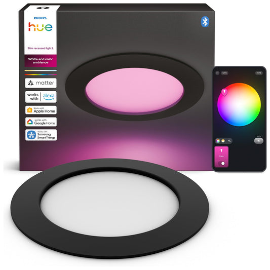 Philips Hue Slim Downlight, iluminare LED inteligentă, 1.000 lm, 90 mm, design subțire, lumină de zi cu spectru complet 1.000–20.000 K, extrem de dimabilă, culoare precisă, iluminare inteligentă, negru, pachet de 3. - 929004291301