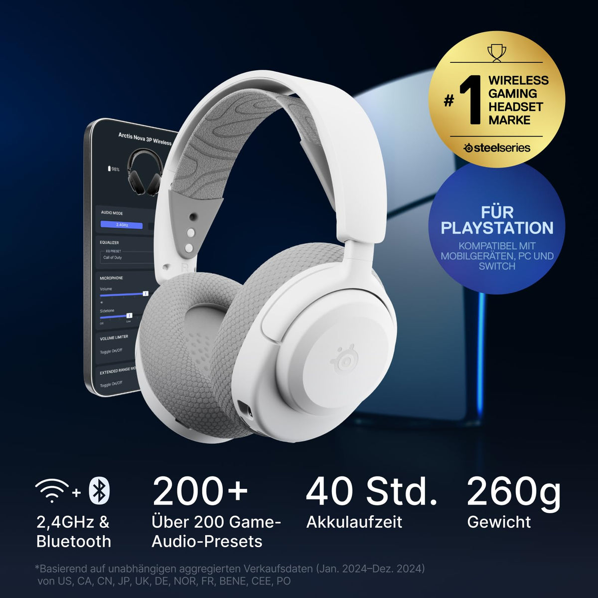SteelSeries Arctis Nova 3P Wireless - PS5 Headset & PC Gaming Headset – App Control – 40 Hours Battery Life – Neodymium Magnet Drivers – 2.4 GHz/Bluetooth – Detachable Microphone – For PS5, PC, Switch - White - 61687