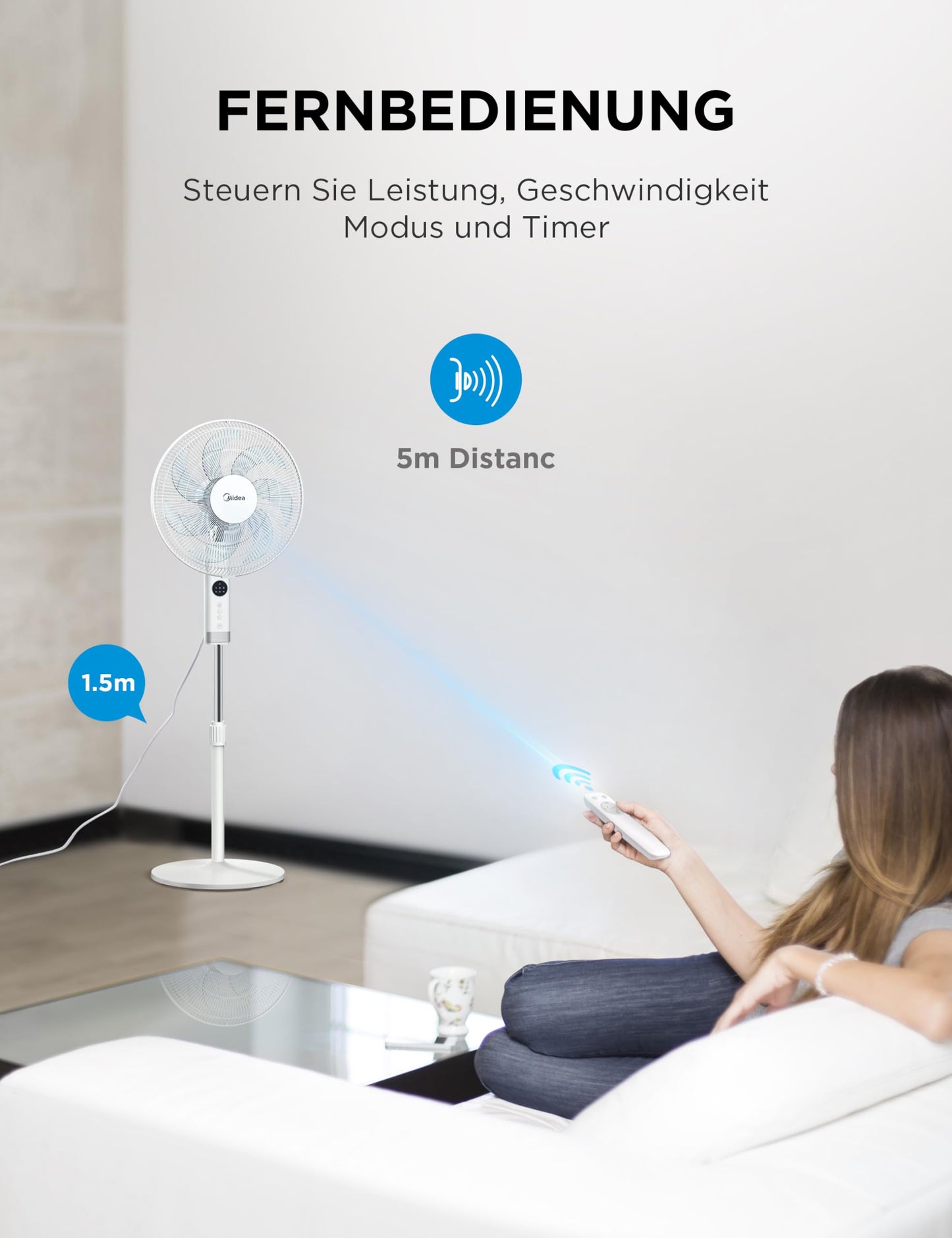 Midea FS40-23MR 3 speed pedestal fan, telescopic height and size, remote control, dual acceleration system, 90 degree swing left and right - MFS400R0APW
